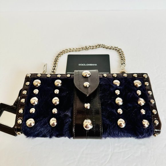AUTH DOLCE & GABBANA FUR LEATHER STUDDED CLUTCH WRISTLET W COA MADE IN ITALY - Picture 1 of 14